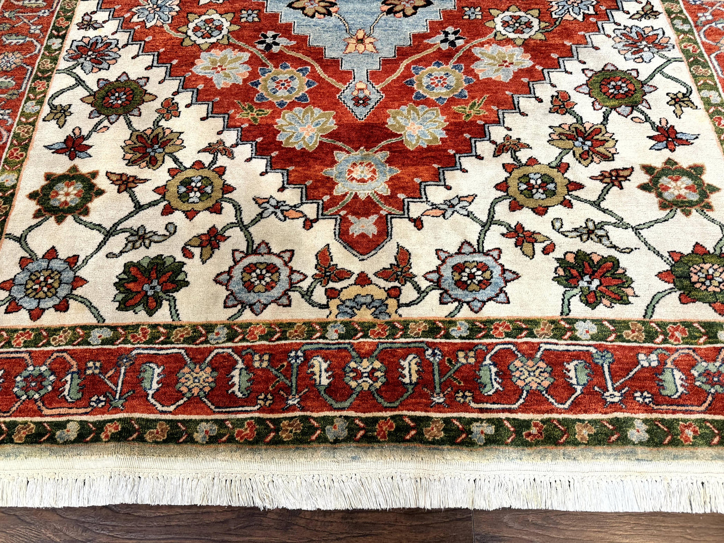 Indo Persian Heriz Rug 7x9, Geometric Pattern, Cream & Light Red, Handmade Vintage Wool Carpet