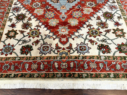Indo Persian Heriz Rug 7x9, Geometric Pattern, Cream & Light Red, Handmade Vintage Wool Carpet