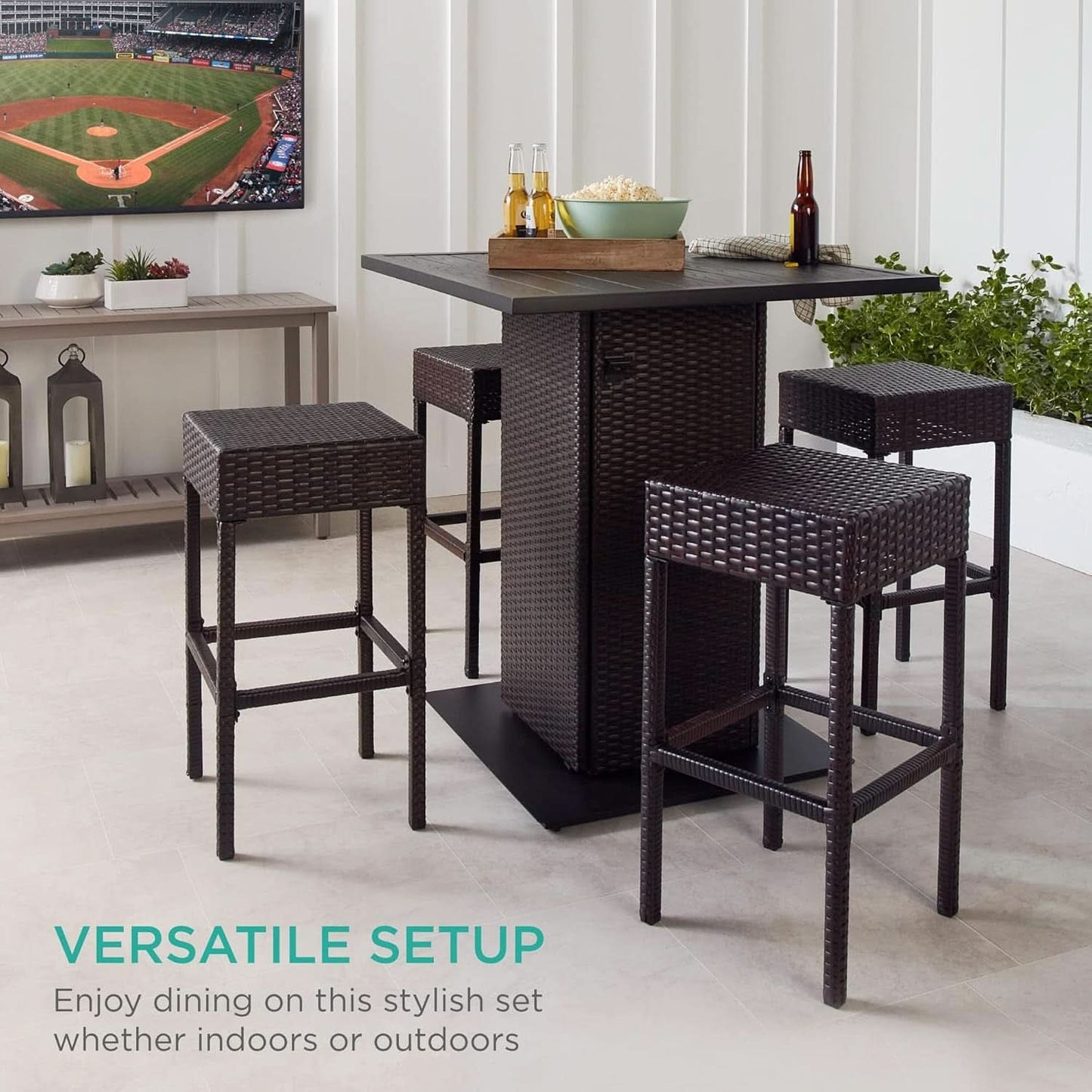 Brown Outdoor Wicker Bar Table Set With Bottle Opener