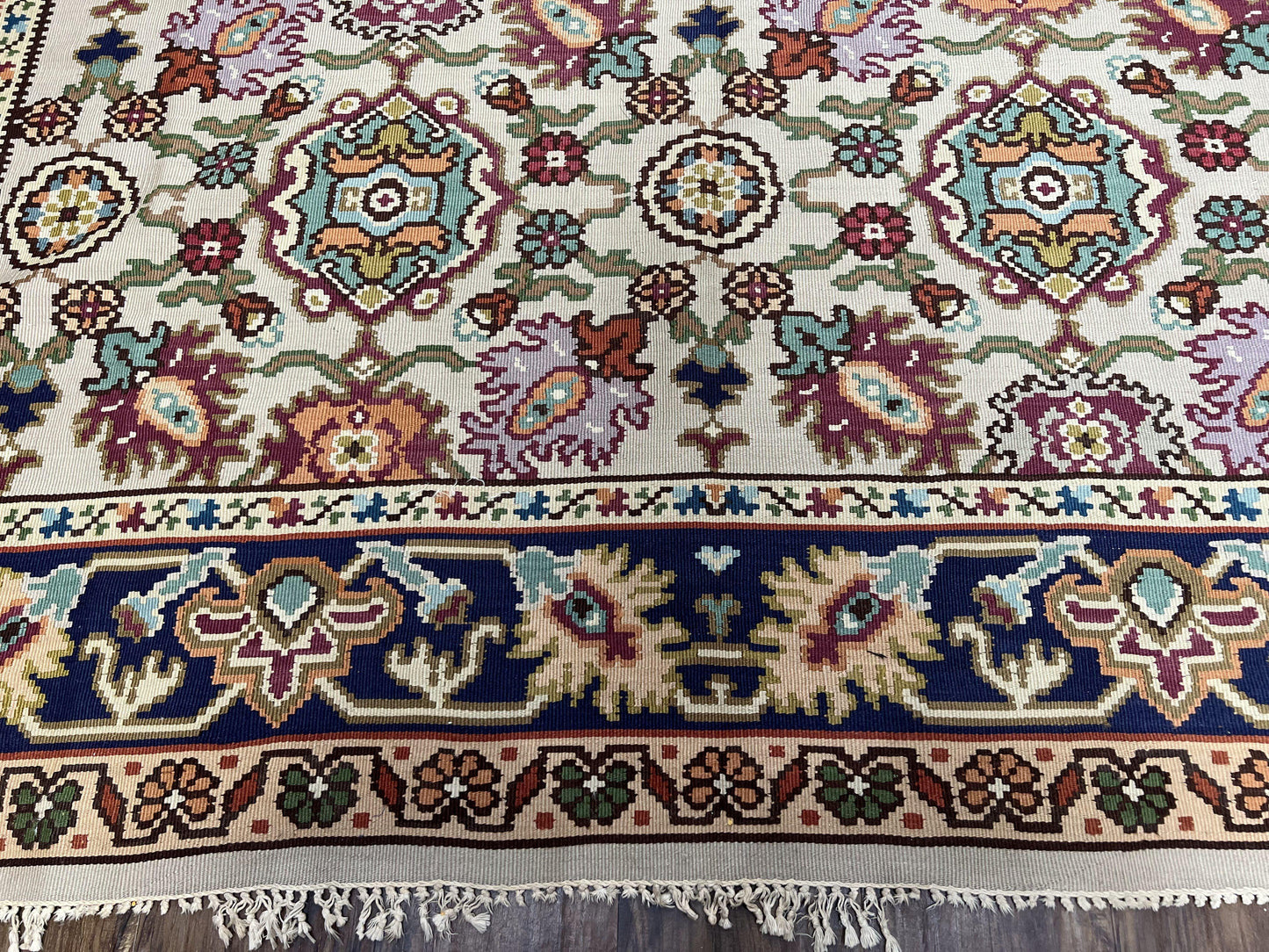 Antique Turkish Kilim Rug 7x10 Allover Pattern, Ivory Cream Maroon Light Blue, Wool Flatweave Hand Woven, Large Kilim, Vintage Kilim Carpet