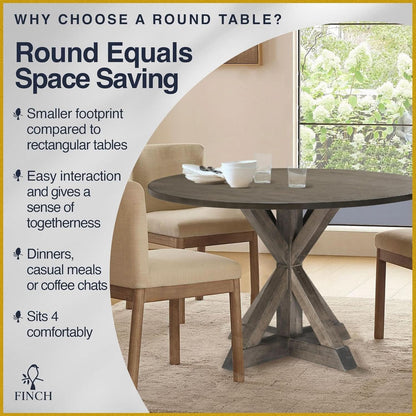Alfred Round Solid Wood Rustic Dining Table 46.5 Inch Diameter Trestle Pedestal