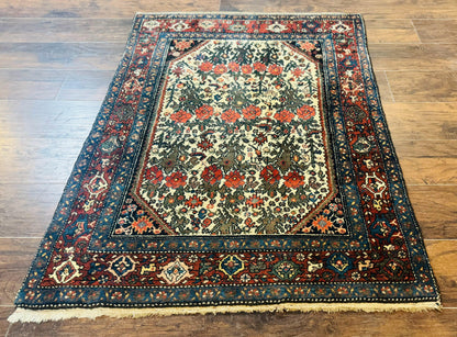 Persian Tribal Rug 3x5, Antique Persian Carpet, Floral Roses, Handmade, Persian Zanjan Rug