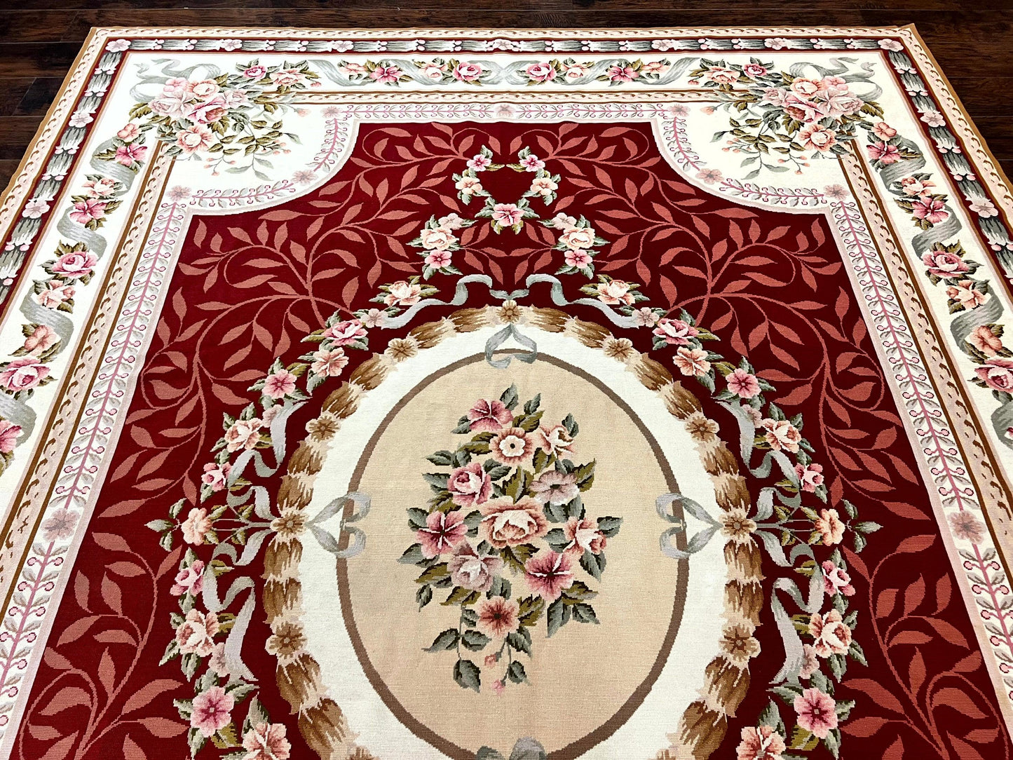 Wonderful Aubusson Rug 9x12, Handmade Vintage Needlepoint Carpet, Red and Ivory, Elegant European Design, Wool