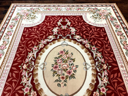Wonderful Aubusson Rug 9x12, Handmade Vintage Needlepoint Carpet, Red and Ivory, Elegant European Design, Wool