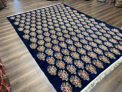 Persian Rug 9x12, Authentic Hand Knotted Carpet, Repeated Floral Motif Garden of Eden, Navy Blue Wool Rug 9 x 12, Semi Antique Kirman Rug
