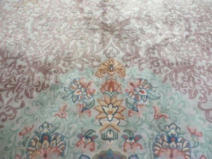 9' X 12' Vintage Handmade Chinese Carving Sculpture Wool Rug Flower Design Pink Carpet