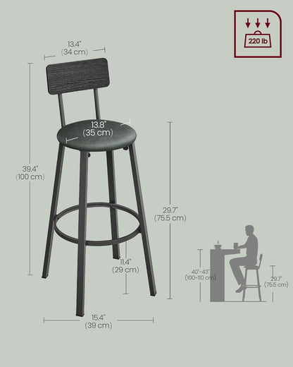 29.7 Inch PU Bar Stools Set Of 2 With Backrest And Footrest