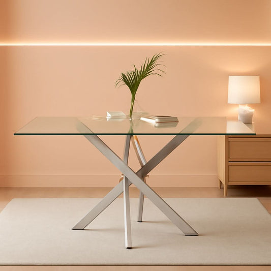 Tempered Glass Dining Table With Chromed Legs 47In White Silver