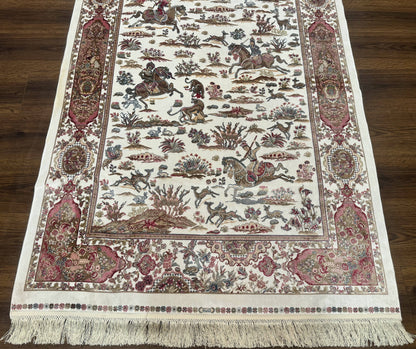 Turkish Silk Hunting Scene Rug 4x6, Ivory, Bamboo Silk, New