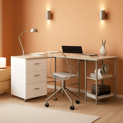 L Shaped Desk Two Toned With Drawers And Open Shelf Home Office