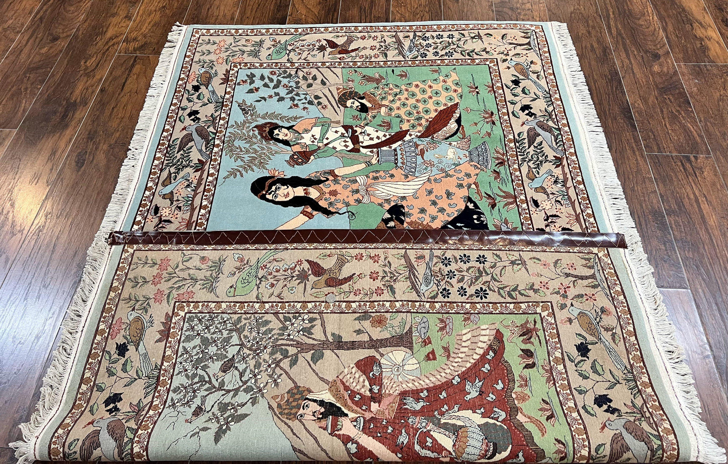 Indo Persian Pictorial Rug 4x7, Handmade Hand Knotted Wool Semi Antique Horizontal Carpet, Men & Women Drinking, Fine Rug, Bird Pictorials