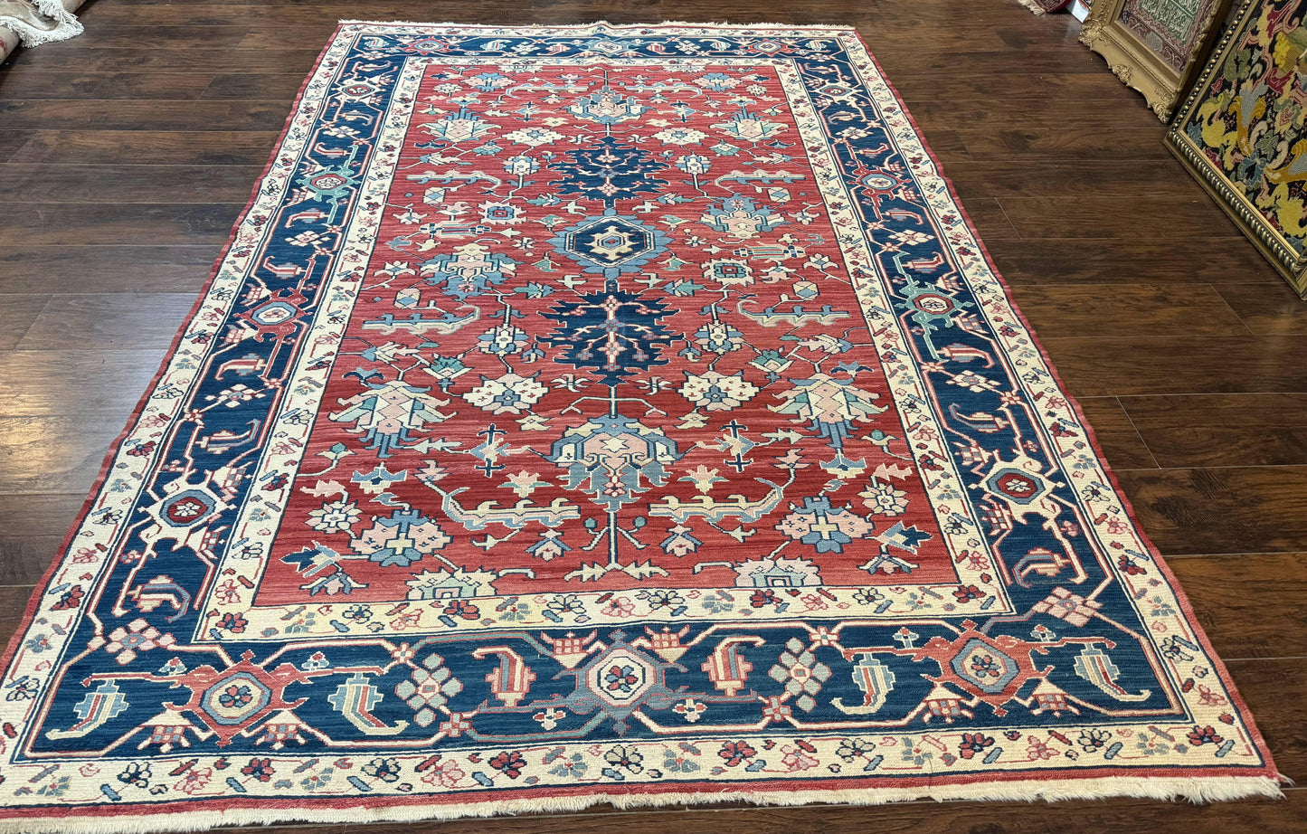 Turkish Flatweave Rug 6x9, Heriz Design, Red and Blue