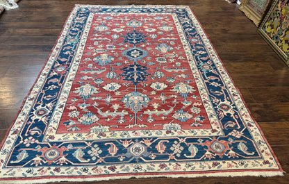 Turkish Flatweave Rug 6x9, Heriz Design, Red and Blue