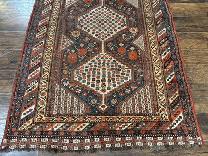 Antique Persian Shiraz Rug 5x8, Khamseh Tribal Wool 1920s Carpet, Navy Blue