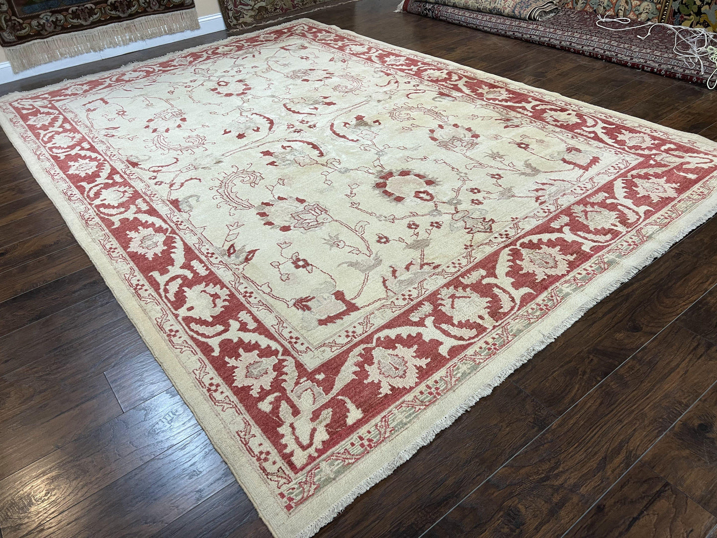 Peshawar Rug 8x12 Pakistani Carpet, Oriental Rug 8 x 12 Chobi Rug, Beige and Red, Allover Large Floral Design, Hand Knotted Vintage Wool