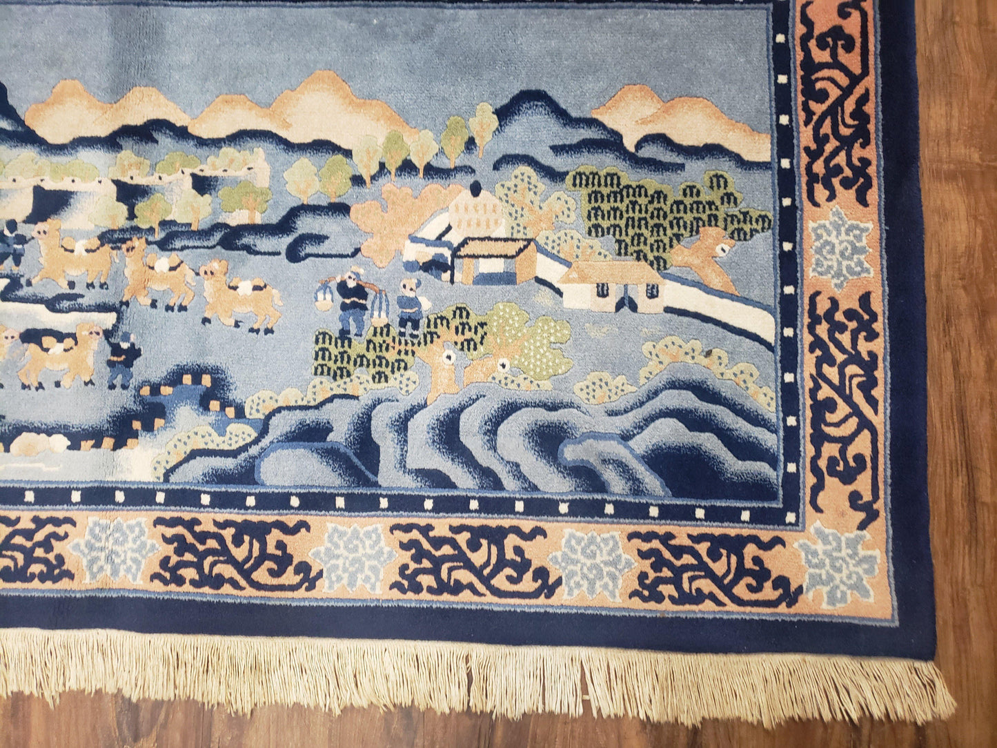 Vintage Chinese Pictorial Rug 2'4" x 4' 7", Chinese Village, Wool Hand-Knotted Blue & Teal Fine Carpet, Tapestry Rug, Woven Wall Art