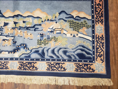 Vintage Chinese Pictorial Rug 2'4" x 4' 7", Chinese Village, Wool Hand-Knotted Blue & Teal Fine Carpet, Tapestry Rug, Woven Wall Art