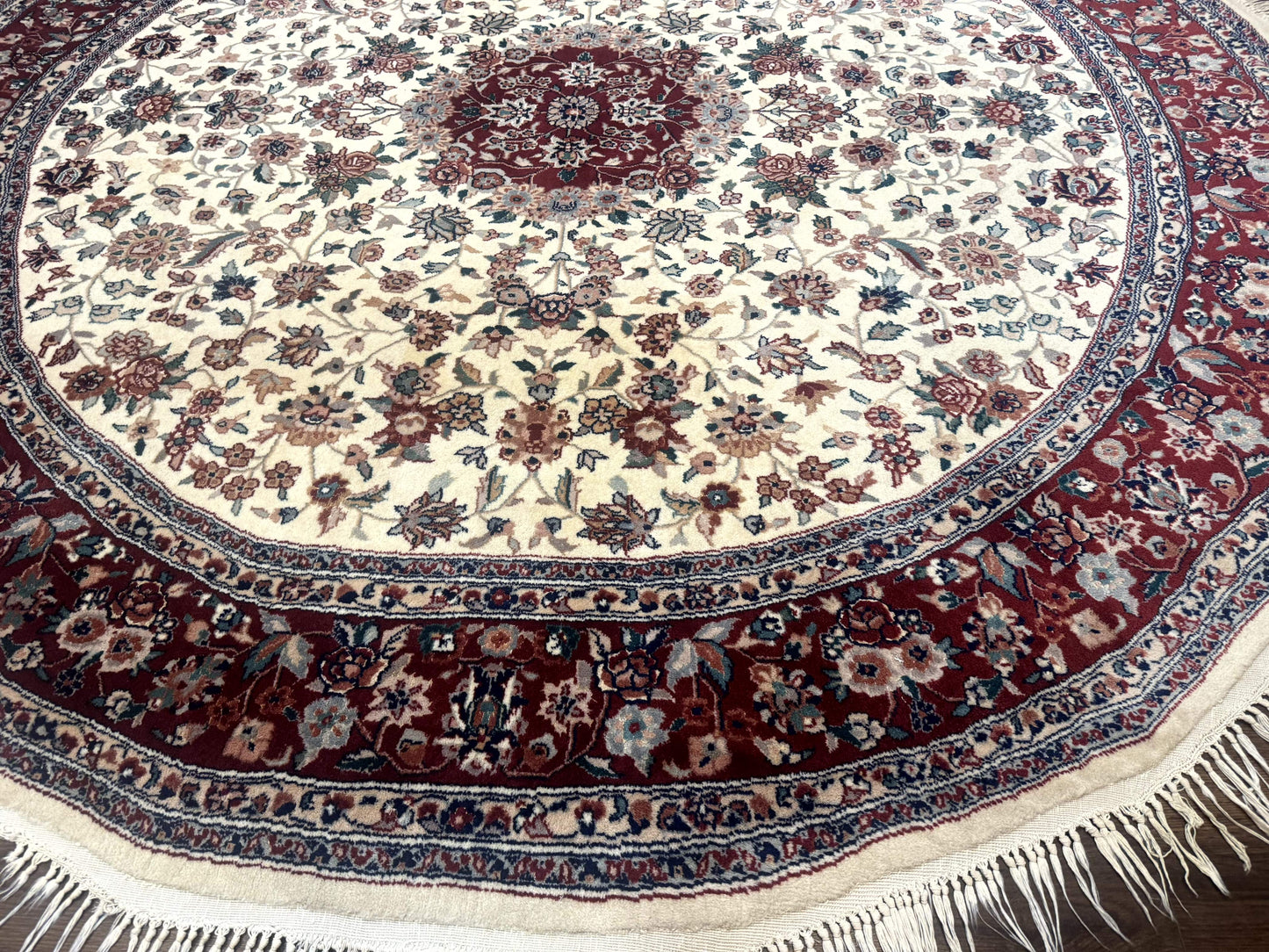 Round Sino Persian Rug 8x8, Wool and Silk, Floral Medallion, Ivory Dark Red