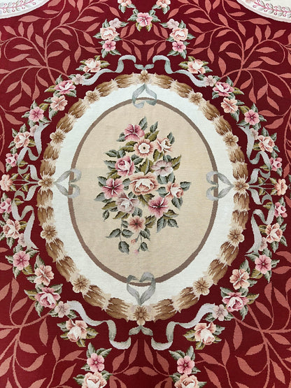 Wonderful Aubusson Rug 9x12, Handmade Vintage Needlepoint Carpet, Red and Ivory, Elegant European Design, Wool