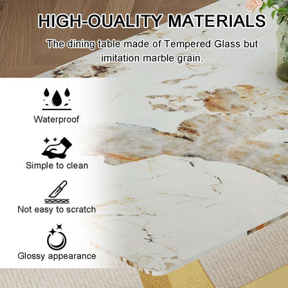 71 Inch Faux Marble Dining Table Tempered Glass Top