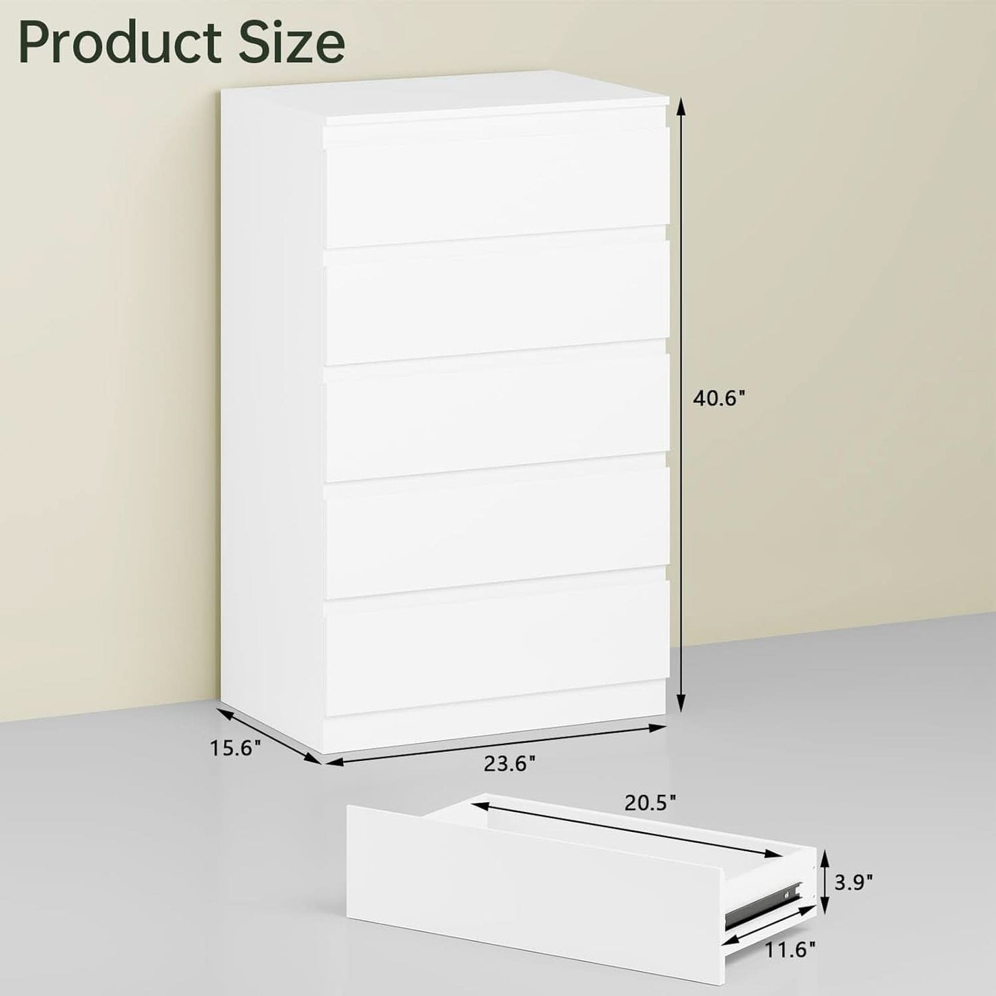 White Contemporary Solid Wood Dresser Five Drawers