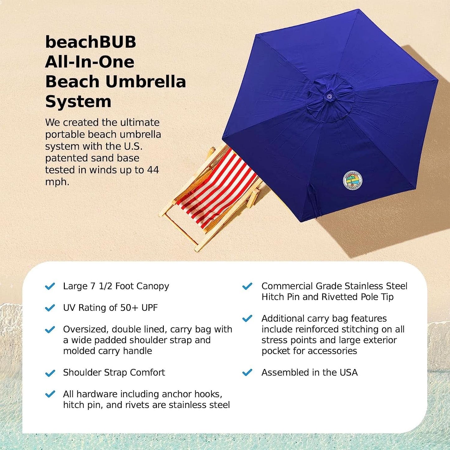 Deep Ocean Blue All In One Beach Umbrella System Ultra Base