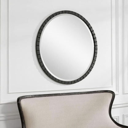 34 Inch Round Industrial Mirror Wall Mounted Matte Black Silver Finish