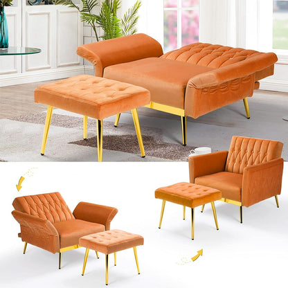 Velvet Armchair With Ottoman And Adjustable Backrest Orange