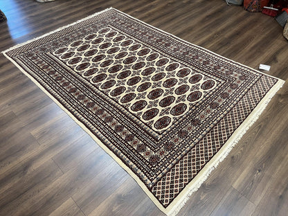 Pakistani Turkoman Rug 6x9, Cream and Red Hand Knotted Wool Oriental Carpet, Yamud Rug, Tribal Rug 6 x 9, Bohemian Area Rug, Bokhara Rug