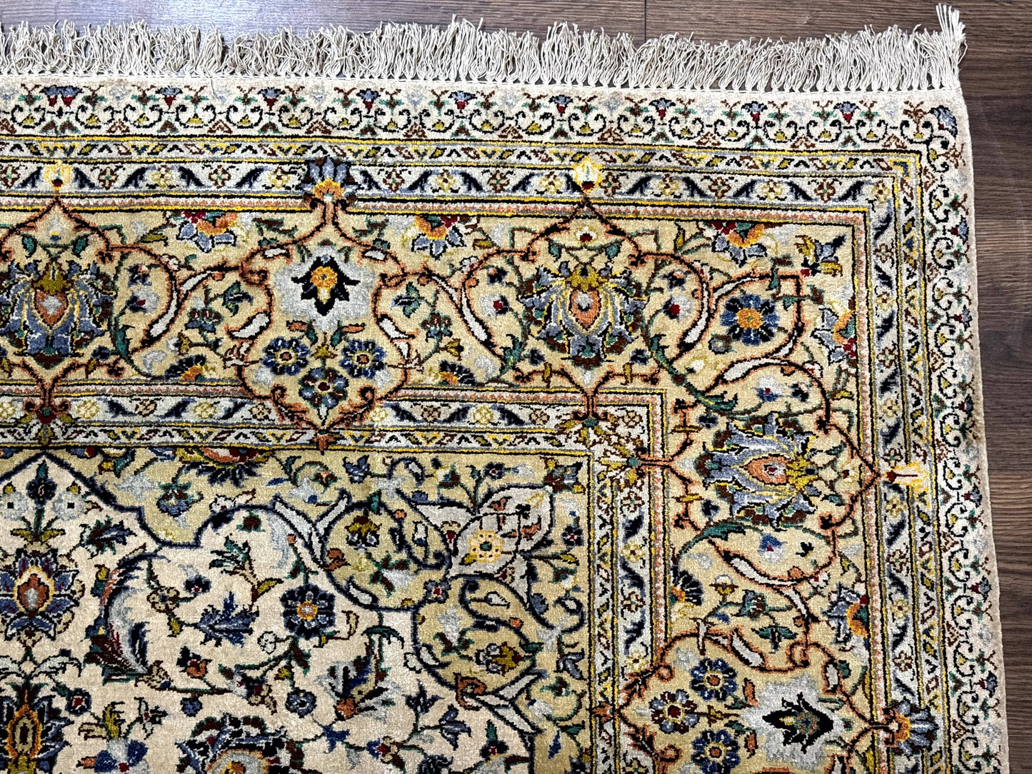 Rare Silk Persian Kashan Rug 4.6 x 7, Antique Fine 310 KPSI, Ivory