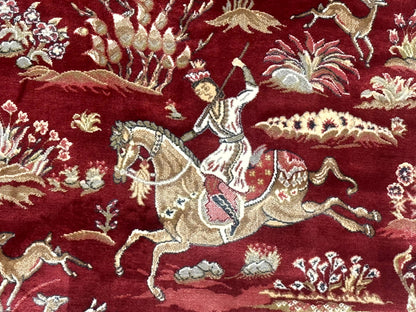 Turkish Silk Hunting Design Rug 4x6, Dark Red & Ivory, Bamboo Silk, New