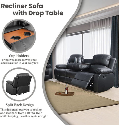 Manual Recliner Sofa Set Black With Cup Holder Storage Console