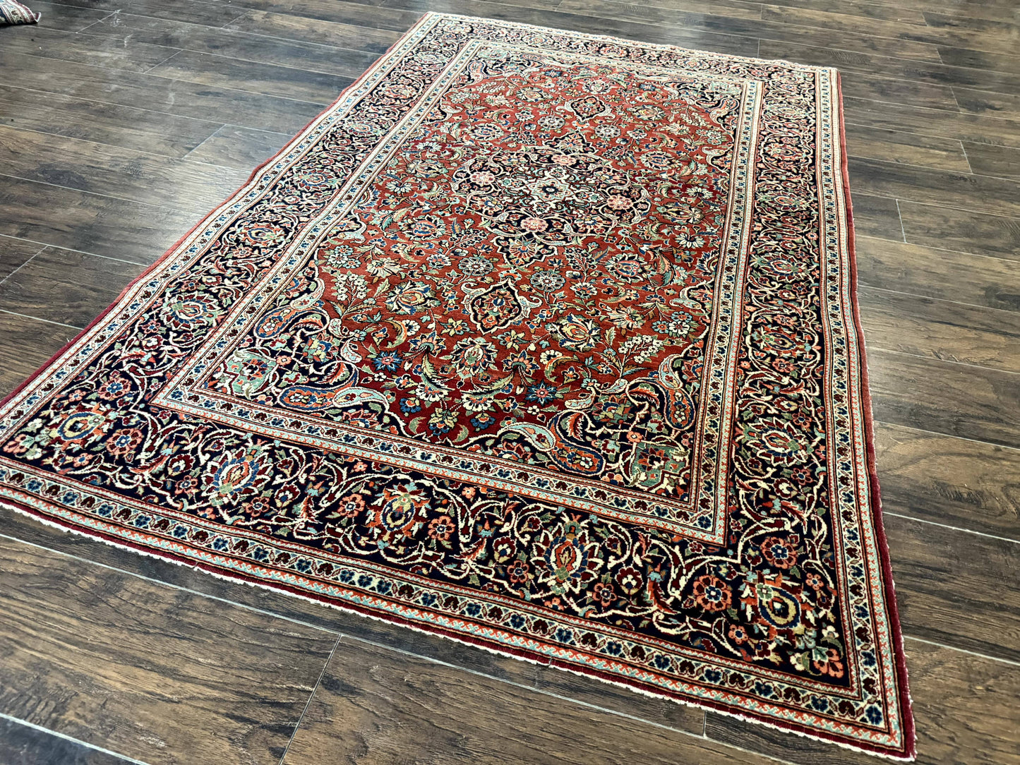 Persian Kashan Rug 4x7, Red and Navy Blue, Floral Antique Carpet