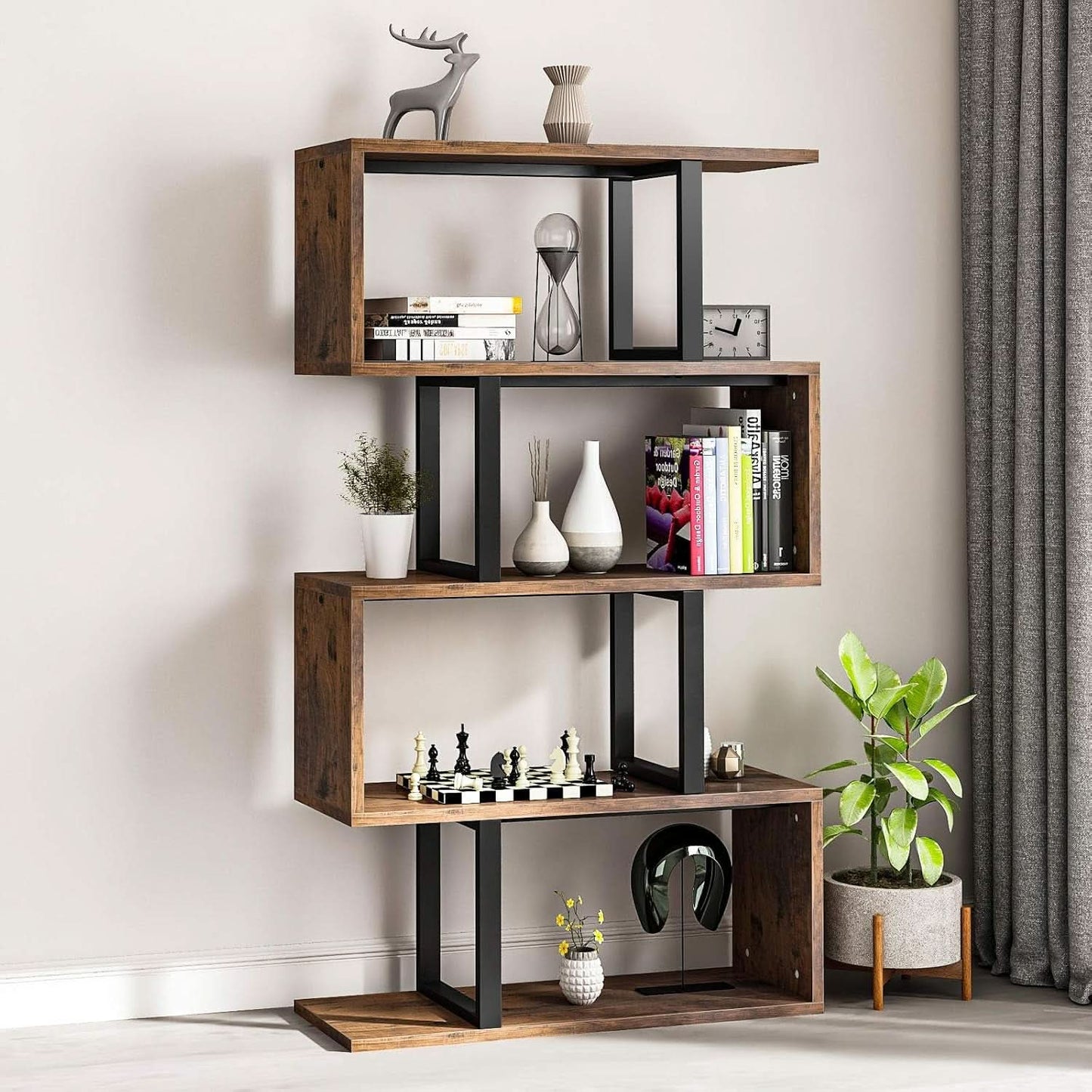 S Shaped 5 Tier Bookshelf Bookcase In Retro Brown Finish