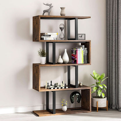 S Shaped 5 Tier Bookshelf Bookcase In Retro Brown Finish