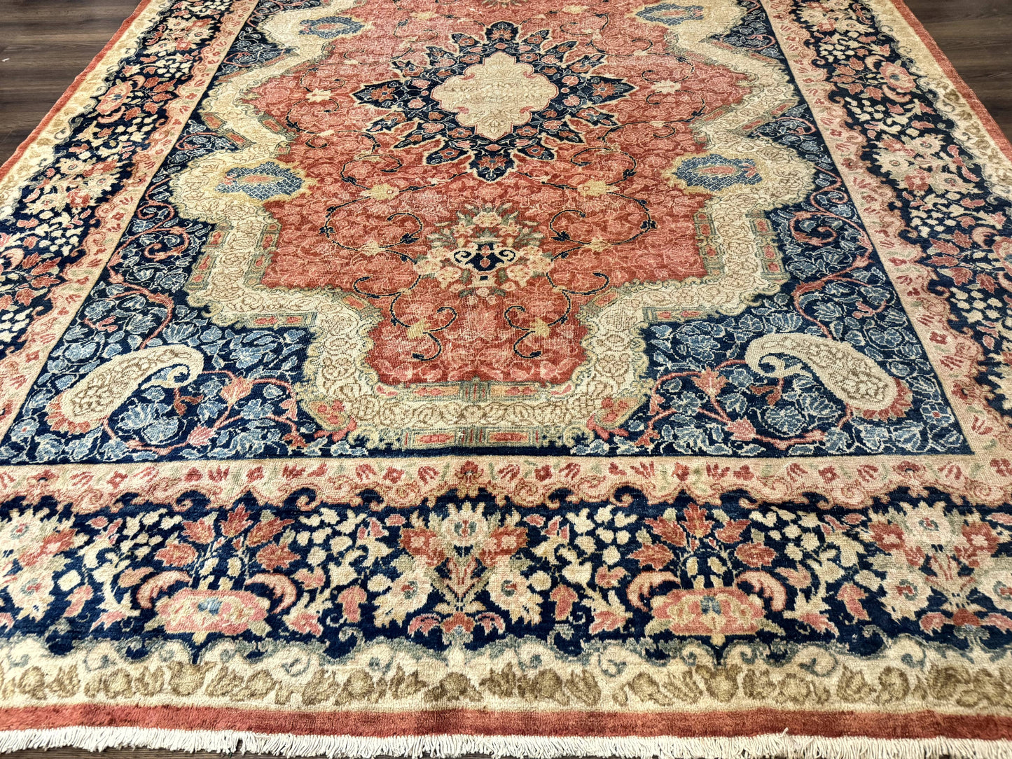 Antique Persian Sarouk Rug 9x12, Boteh Paisleys, Light Red Navy Blue