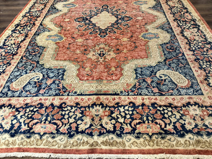 Antique Persian Sarouk Rug 9x12, Boteh Paisleys, Light Red Navy Blue
