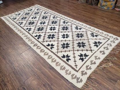 Semi Antique South American Blanket 4x8, Wool Hand-Woven Flatweave Kilim Rug, Handmade Antique Vintage Runner, Ivory & Blue, Diamond Panel