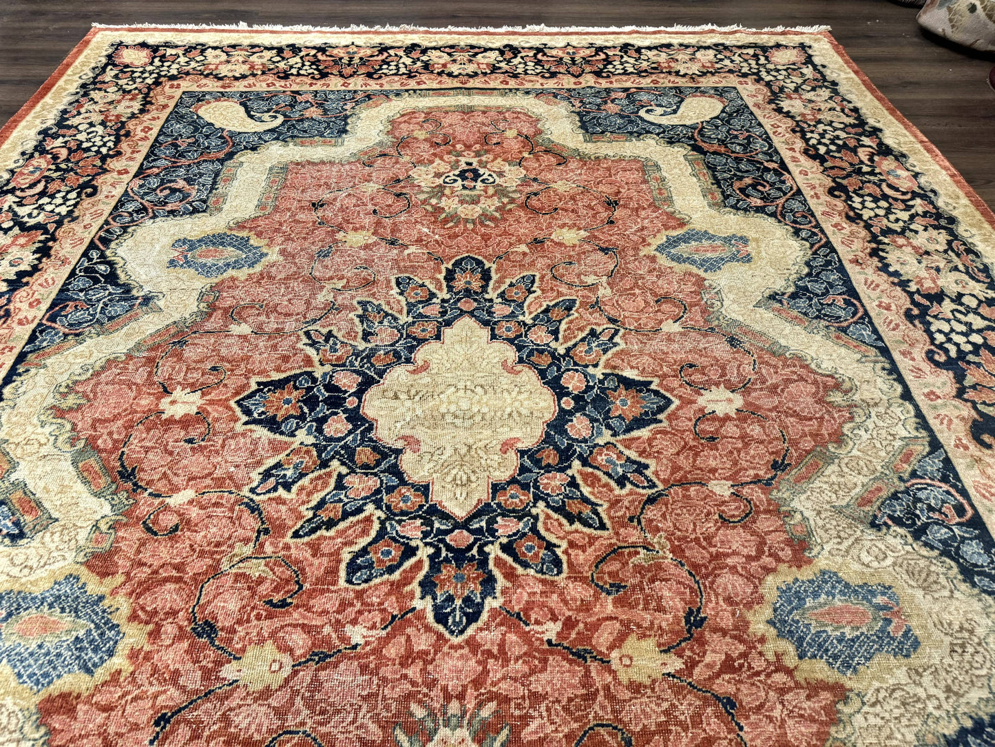 Antique Persian Sarouk Rug 9x12, Boteh Paisleys, Light Red Navy Blue