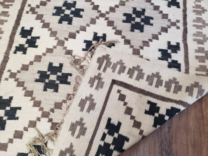 Semi Antique South American Blanket 4x8, Wool Hand-Woven Flatweave Kilim Rug, Handmade Antique Vintage Runner, Ivory & Blue, Diamond Panel
