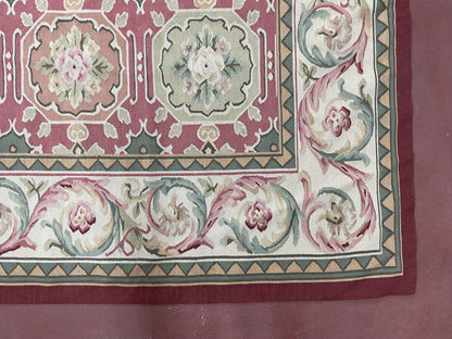 9x9 Square Rug Hand Knotted, Needlepoint Aubusson Carpet, Blush Red, Beige, Green, New, Mint Condition Area Rug, English European Design