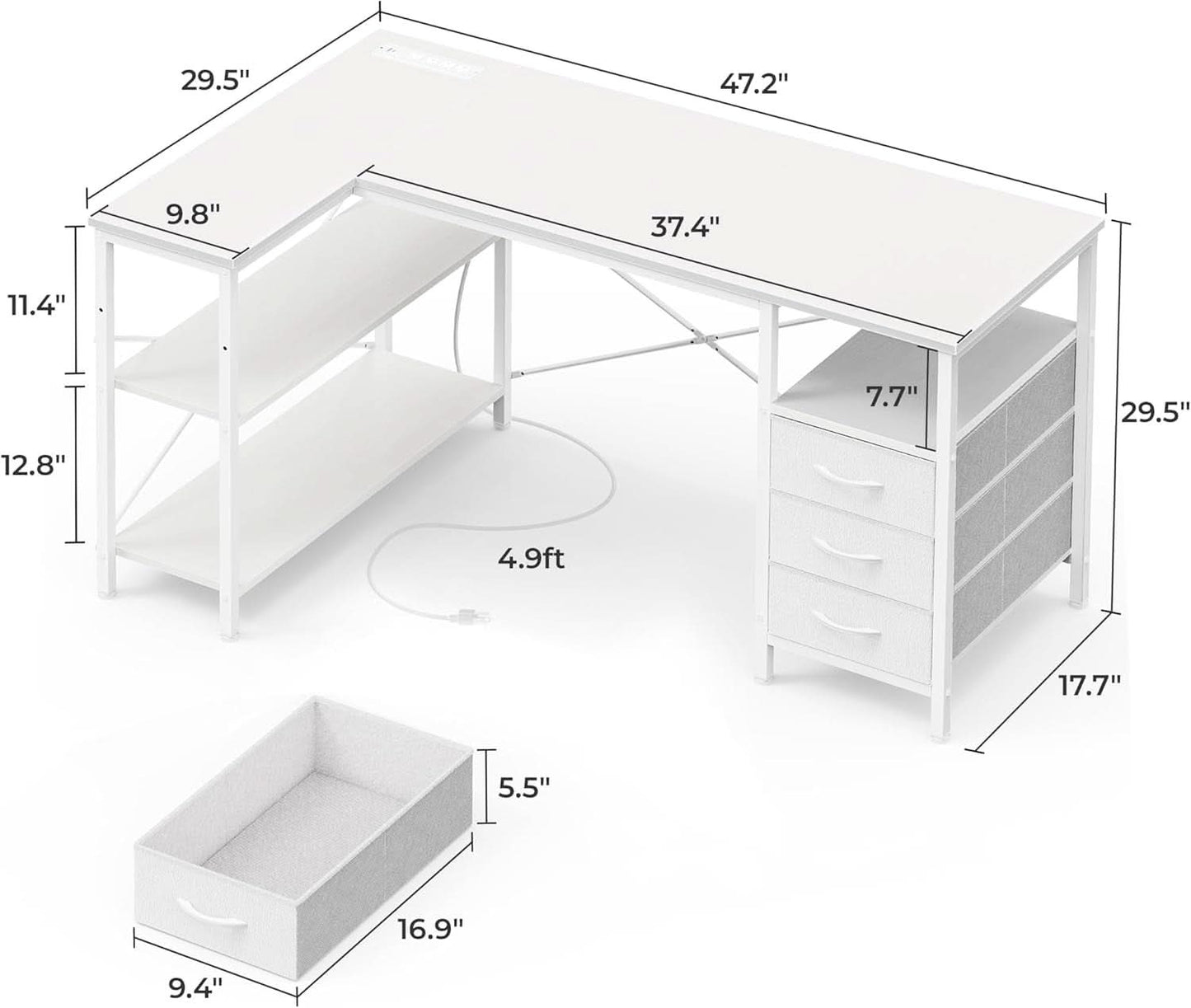 47 Inch L Shaped Desk With Power Outlets For Home Office