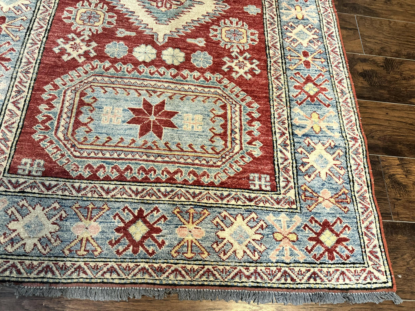 Turkish Kazak Rug 4x6, Handmade Vintage Wool Carpet, Geometric Design, Red and Light Blue