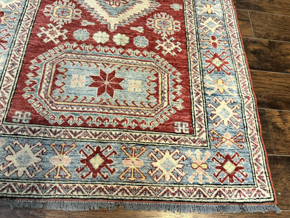 Turkish Kazak Rug 4x6, Handmade Vintage Wool Carpet, Geometric Design, Red and Light Blue