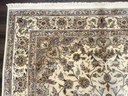 Sino Persian Rug 6x9, Floral Medallion, Ivory & Taupe, Wool with Silk Highlights, Fine 210 KPSI