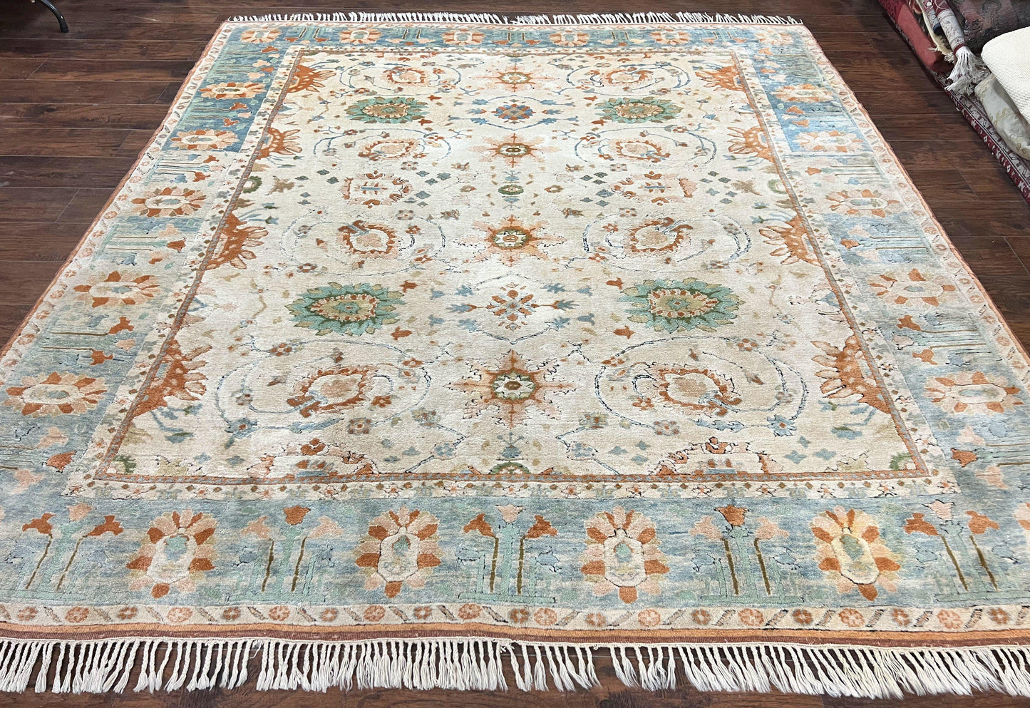 Turkish Oushak Rug 9x10, Farmhouse Rug, Beige & Light Blue
