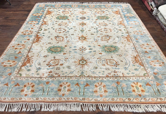 Turkish Oushak Rug 9x10, Farmhouse Rug, Beige & Light Blue