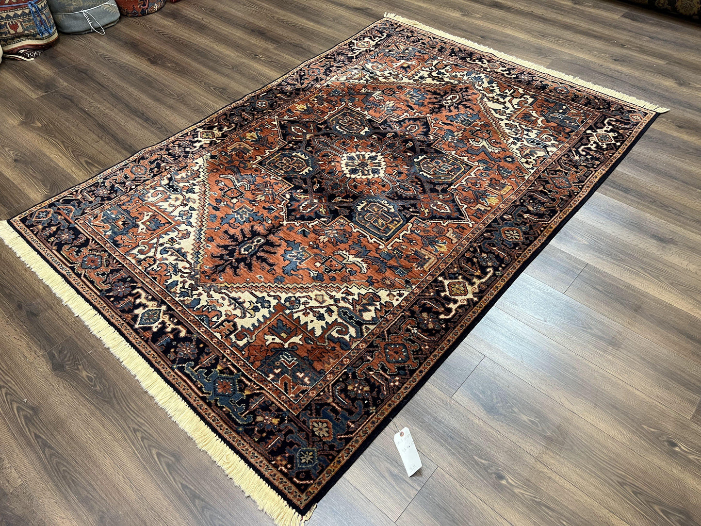 Heriz Rug 5.6 x 8, Geometric Medallion, Wool Oriental Carpet, Tribal Boho Rug, Red Navy Blue Cream, Belgium Power Loomed Rug, Medium Sized