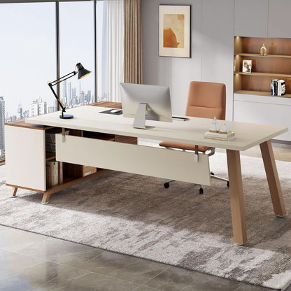 71 Inch Walnut White L Shaped Desk With 55 Inch Cabinet