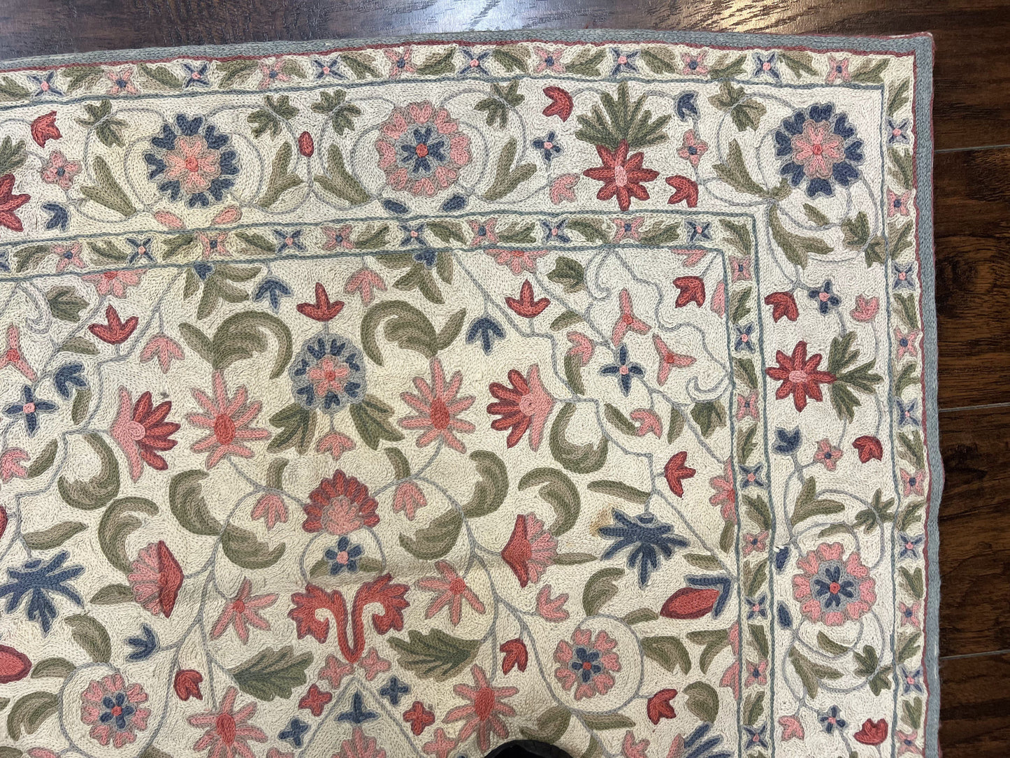 Hand Stitched Indian Rug 4x5, Floral, Vintage Hand Embroidered Rug